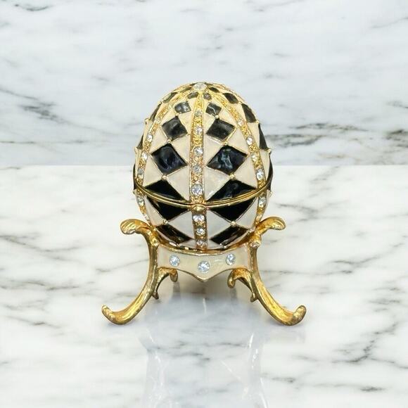 Harlequin Enameled Trinket Box Egg Shaped Black White Crystals w/ Stand - Picture 1 of 10